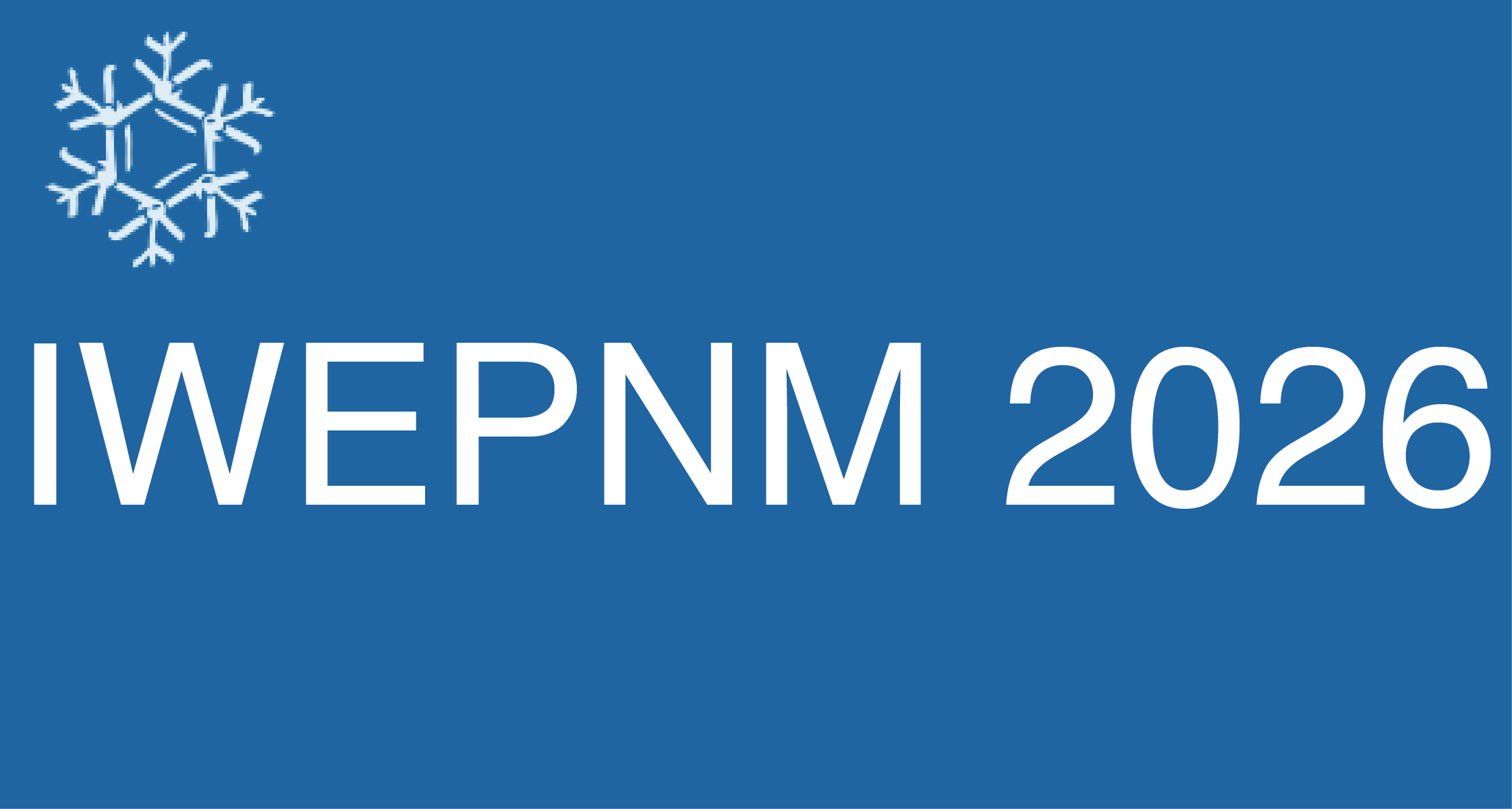 Blue banner with a white snowflake logo in the top-left corner and large white text reading 'IWEPNM 2026' across the lower portion.