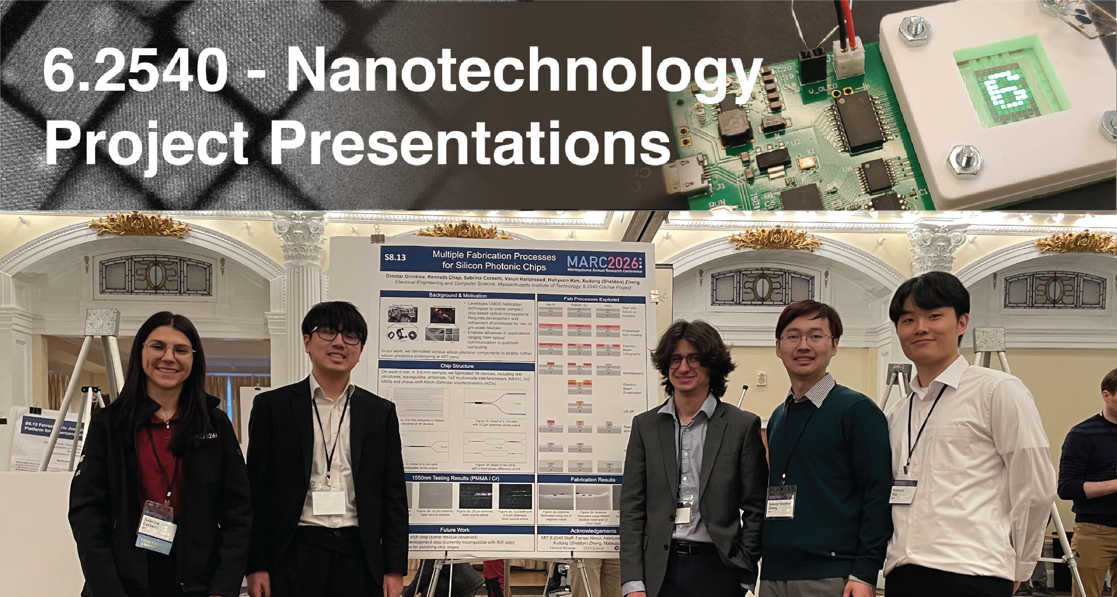 Group of students posing in front of a science poster and a banner that reads '6.2540 - Nanotechnology Project Presentations'.