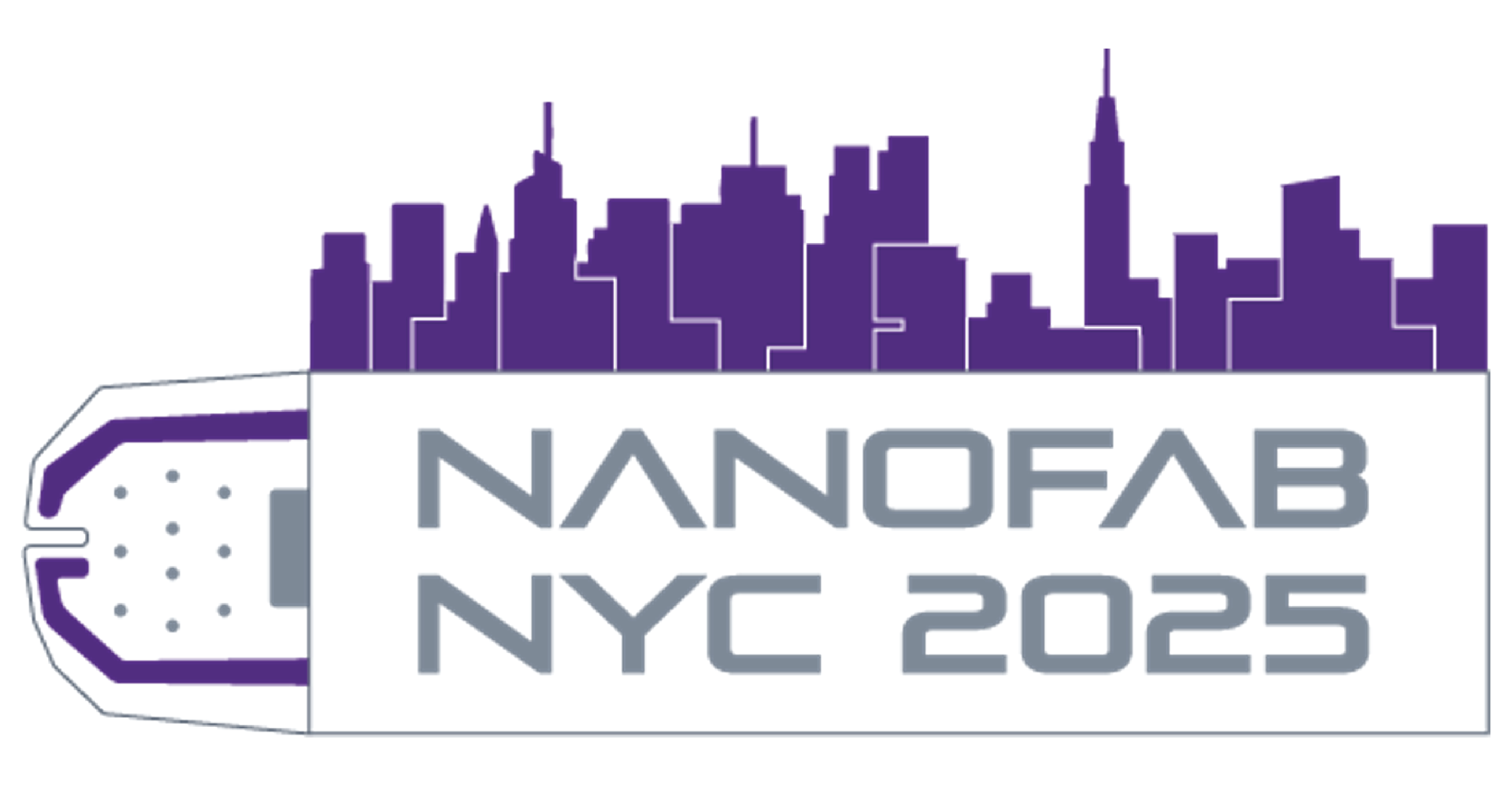 Conference badge silhouette: purple city skyline above the text NANOFAB NYC 2025 on a white background.