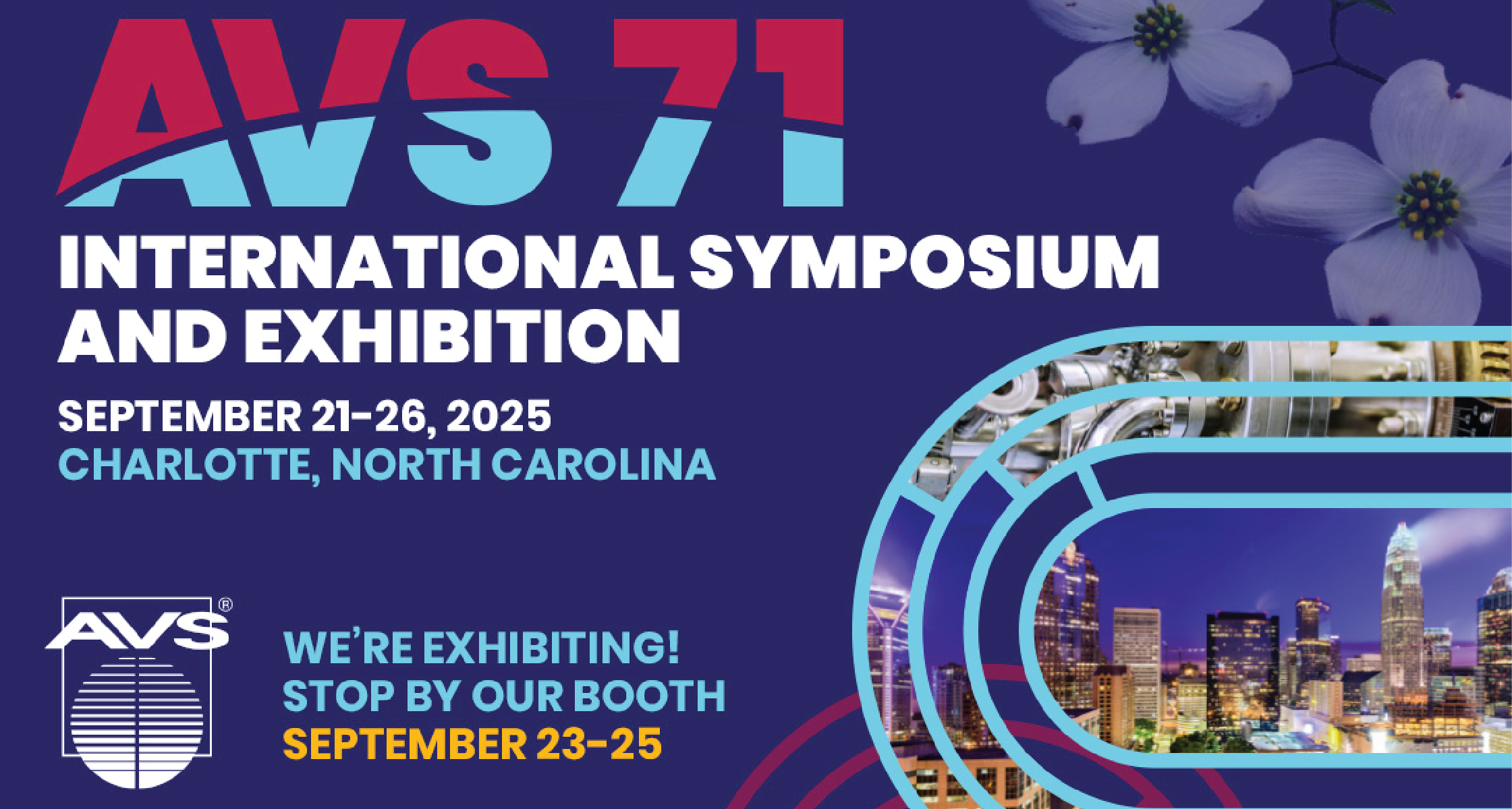 Poster for AVS International Symposium and Exhibition with dates Sept 21–26, 2025 in Charlotte, NC, featuring a dark blue background, city skyline, and decorative teal curves.