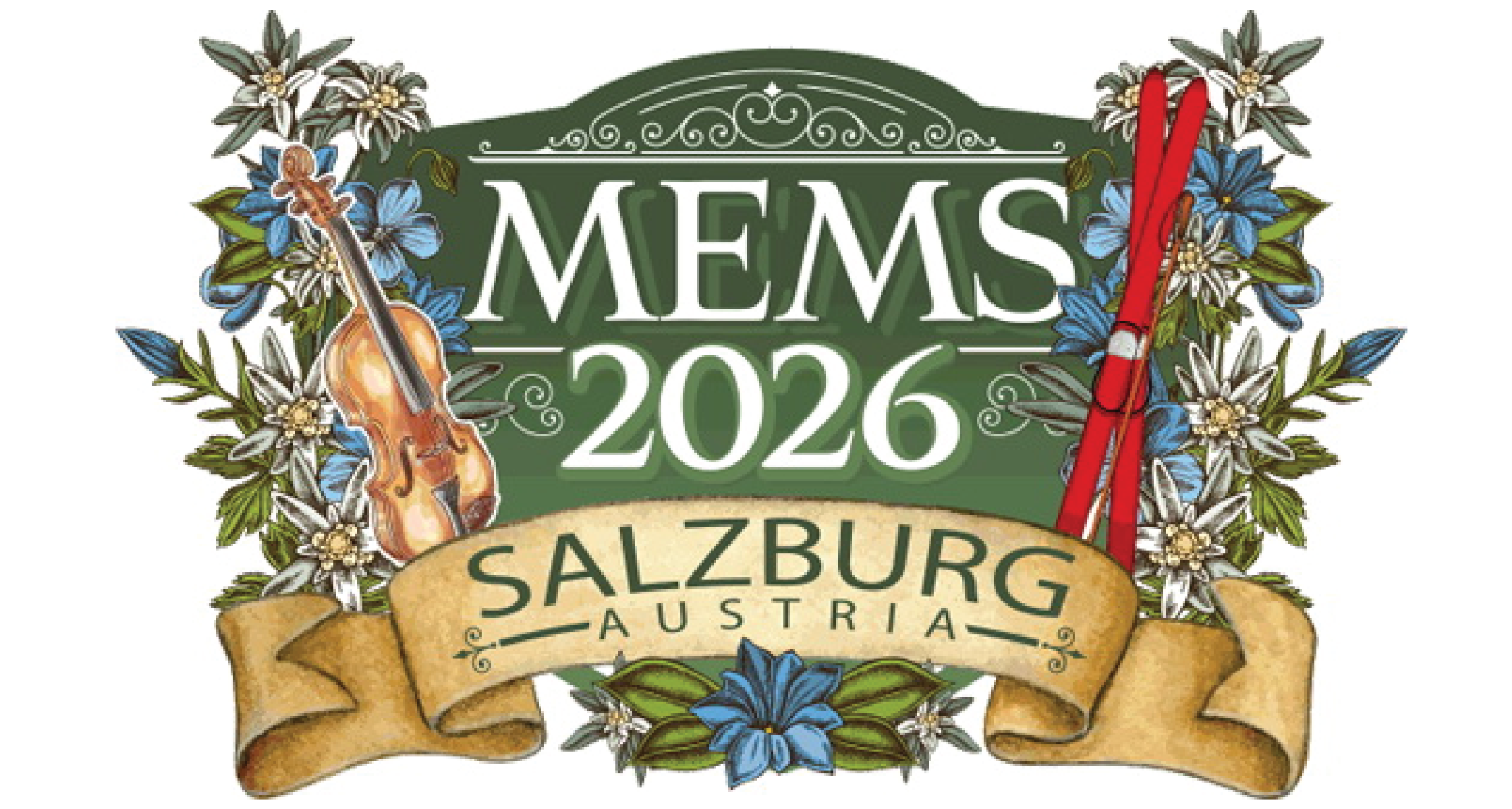 Logo for MEMS 2026 conference in Salzburg, Austria, featuring flowers, a violin, and a decorative ribbon.