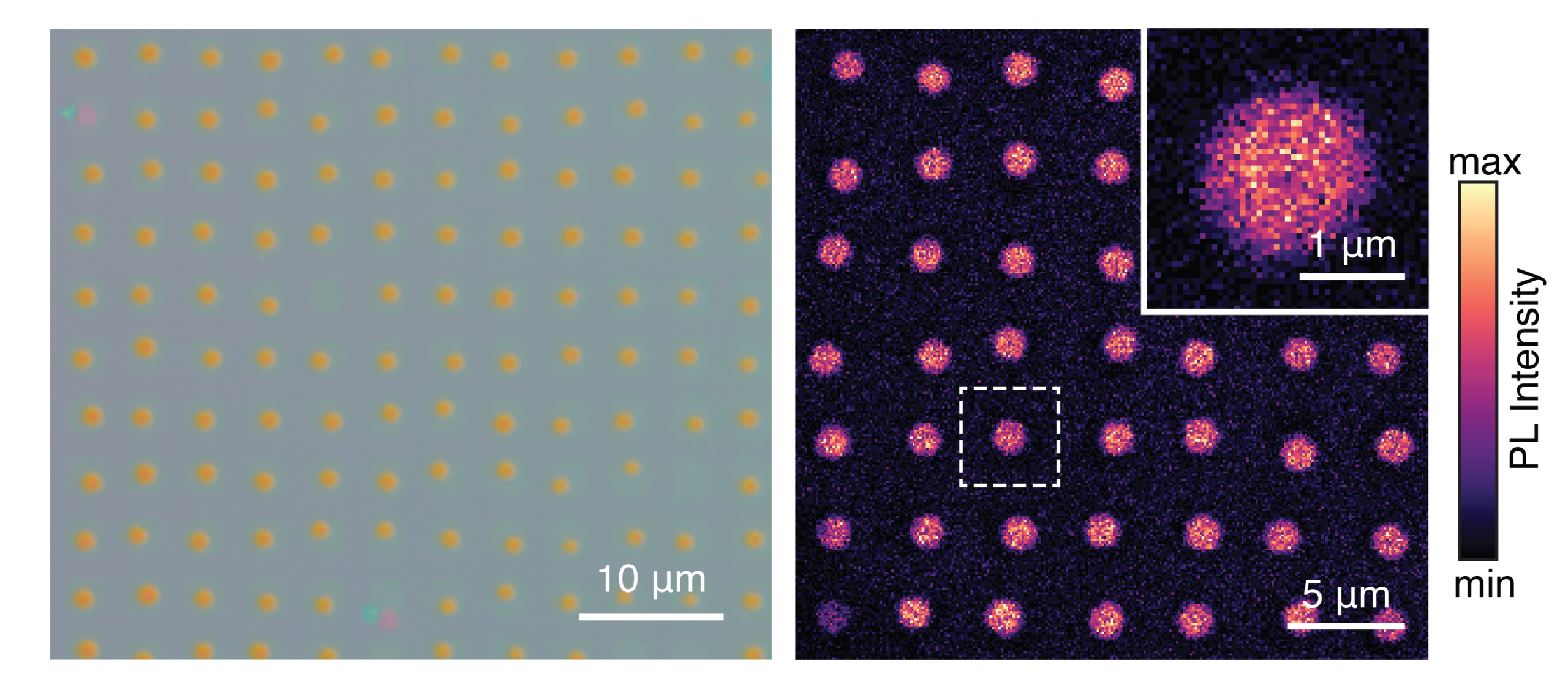 Left: grid of bright orange dots on a gray field (10 μm scale). Right: color-coded intensity map of the dots with inset views and a 5 μm scale bar.