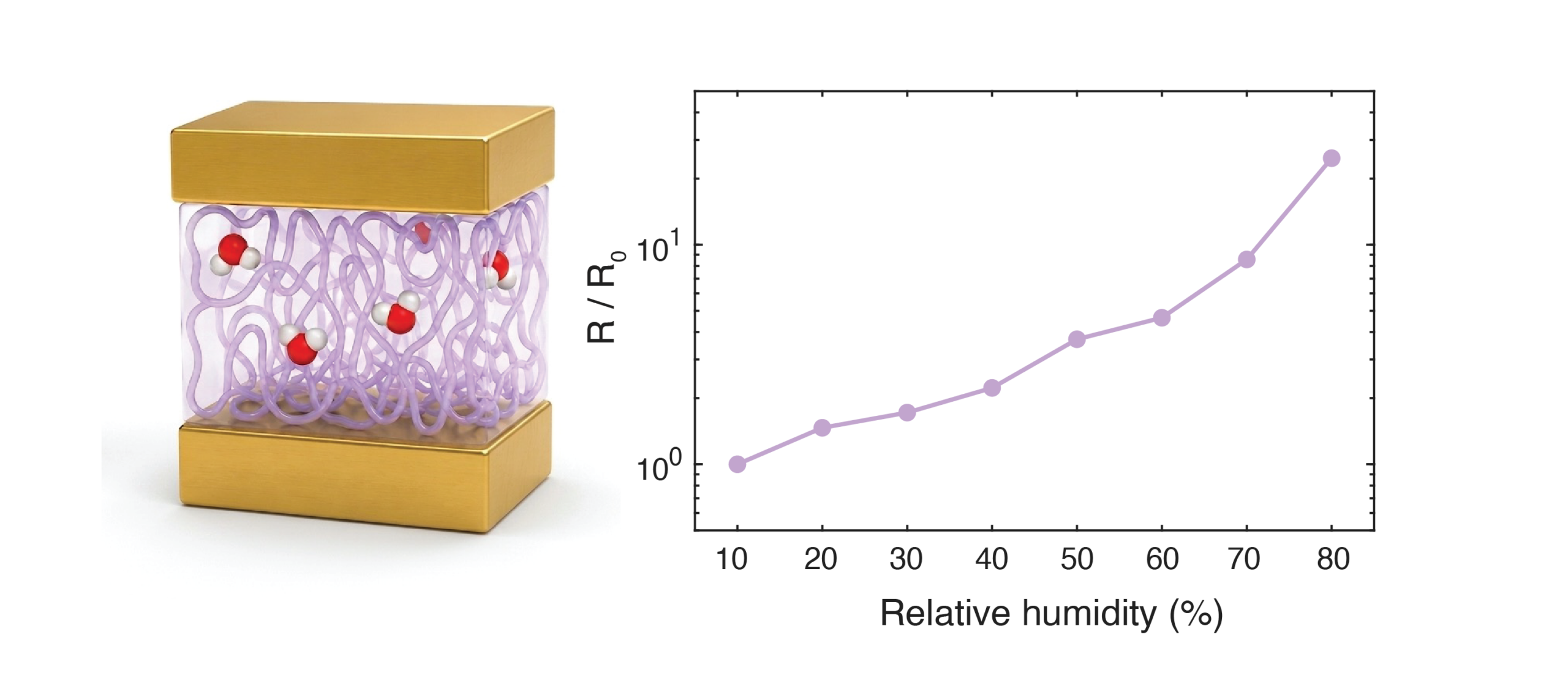 Gold box with a tangled purple polymer and small molecules, next to a line graph of relative humidity (%) vs R0 on a log scale